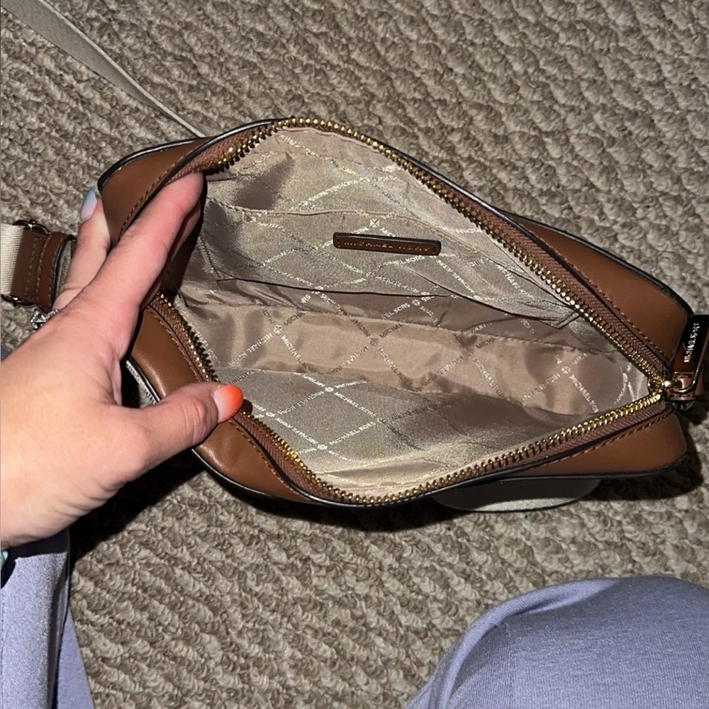Michael Kors Collection White Logo Canvas and Brown Leather Crossbody - Picture 2 of 4
